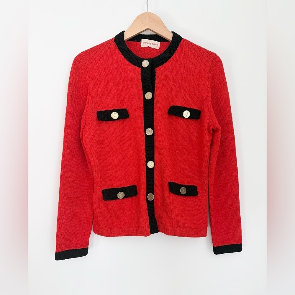 Vintage Red and Black Knit Cardigan with Coin Buttons – Medium - Picture 3 of 7